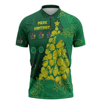 Cook Islands Christmas Zipper Polo Shirt Seashell Xmas Tree Tribal Waves DT05 Green - Polynesian Pride