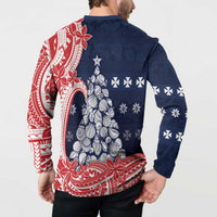 Wallis And Futuna Christmas Button Sweatshirt Seashell Xmas Tree Tribal Waves - Polynesian Pride