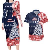 Wallis And Futuna Christmas Couples Matching Long Sleeve Bodycon Dress and Hawaiian Shirt Seashell Xmas Tree Tribal Waves DT05 Navy - Polynesian Pride