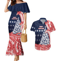 Wallis And Futuna Christmas Couples Matching Mermaid Dress and Hawaiian Shirt Seashell Xmas Tree Tribal Waves DT05 Navy - Polynesian Pride