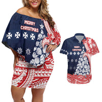 Wallis And Futuna Christmas Couples Matching Off Shoulder Short Dress and Hawaiian Shirt Seashell Xmas Tree Tribal Waves - Polynesian Pride