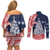 Wallis And Futuna Christmas Couples Matching Off Shoulder Short Dress and Long Sleeve Button Shirt Seashell Xmas Tree Tribal Waves - Polynesian Pride
