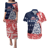 Wallis And Futuna Christmas Couples Matching Puletasi and Hawaiian Shirt Seashell Xmas Tree Tribal Waves - Polynesian Pride