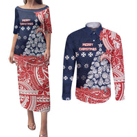 Wallis And Futuna Christmas Couples Matching Puletasi and Long Sleeve Button Shirt Seashell Xmas Tree Tribal Waves DT05 Navy - Polynesian Pride