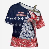 Wallis And Futuna Christmas Cross Shoulder Shirt Seashell Xmas Tree Tribal Waves - Polynesian Pride