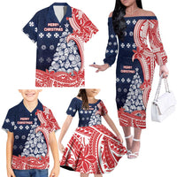 Wallis And Futuna Christmas Family Matching Off The Shoulder Long Sleeve Dress and Hawaiian Shirt Seashell Xmas Tree Tribal Waves - Polynesian Pride
