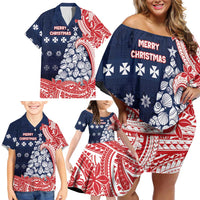 Wallis And Futuna Christmas Family Matching Off Shoulder Short Dress and Hawaiian Shirt Seashell Xmas Tree Tribal Waves - Polynesian Pride