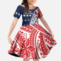 Wallis And Futuna Christmas Family Matching Puletasi and Hawaiian Shirt Seashell Xmas Tree Tribal Waves DT05 Daughter's Dress Navy - Polynesian Pride