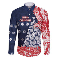 Wallis And Futuna Christmas Family Matching Puletasi and Hawaiian Shirt Seashell Xmas Tree Tribal Waves DT05 Dad's Shirt - Long Sleeve Navy - Polynesian Pride