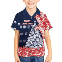Wallis And Futuna Christmas Family Matching Puletasi and Hawaiian Shirt Seashell Xmas Tree Tribal Waves DT05 Son's Shirt Navy - Polynesian Pride