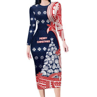 Wallis And Futuna Christmas Long Sleeve Bodycon Dress Seashell Xmas Tree Tribal Waves DT05 Long Dress Navy - Polynesian Pride
