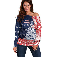 Wallis And Futuna Christmas Off Shoulder Sweater Seashell Xmas Tree Tribal Waves - Polynesian Pride