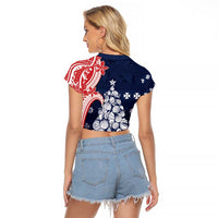 Wallis And Futuna Christmas Raglan Cropped T Shirt Seashell Xmas Tree Tribal Waves - Polynesian Pride