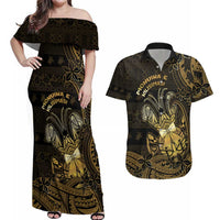 Niue Christmas Couples Matching Off Shoulder Maxi Dress and Hawaiian Shirt Niuean Crab Xmas Tribal Waves - Polynesian Pride