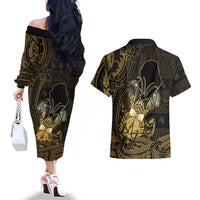 Niue Christmas Couples Matching Off The Shoulder Long Sleeve Dress and Hawaiian Shirt Niuean Crab Xmas Tribal Waves - Polynesian Pride