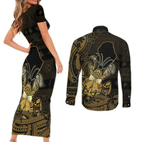 Niue Christmas Couples Matching Short Sleeve Bodycon Dress and Long Sleeve Button Shirt Niuean Crab Xmas Tribal Waves - Polynesian Pride