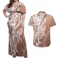 Hawaii Puakenikeni And Maile Lei Couples Matching Off Shoulder Maxi Dress and Hawaiian Shirt Brown Polynesian Shark Tattoo DT05