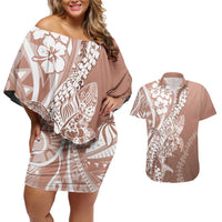 Hawaii Puakenikeni And Maile Lei Couples Matching Off Shoulder Short Dress and Hawaiian Shirt Brown Polynesian Shark Tattoo DT05
