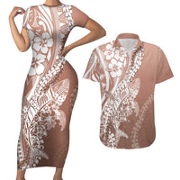 Hawaii Puakenikeni And Maile Lei Couples Matching Short Sleeve Bodycon Dress and Hawaiian Shirt Brown Polynesian Shark Tattoo DT05