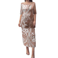 Hawaii Puakenikeni And Maile Lei Family Matching Puletasi and Hawaiian Shirt Brown Polynesian Shark Tattoo DT05