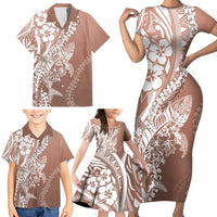 Hawaii Puakenikeni And Maile Lei Family Matching Short Sleeve Bodycon Dress and Hawaiian Shirt Brown Polynesian Shark Tattoo DT05