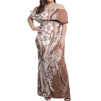 Hawaii Puakenikeni And Maile Lei Off Shoulder Maxi Dress Brown Polynesian Shark Tattoo DT05