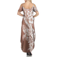 Hawaii Puakenikeni And Maile Lei Summer Maxi Dress Brown Polynesian Shark Tattoo DT05