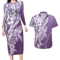 Hawaii Puakenikeni And Maile Lei Couples Matching Long Sleeve Bodycon Dress and Hawaiian Shirt Violet Polynesian Shark Tattoo DT05