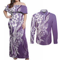 Hawaii Puakenikeni And Maile Lei Couples Matching Off Shoulder Maxi Dress and Long Sleeve Button Shirt Violet Polynesian Shark Tattoo DT05