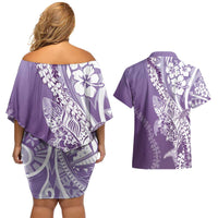 Hawaii Puakenikeni And Maile Lei Couples Matching Off Shoulder Short Dress and Hawaiian Shirt Violet Polynesian Shark Tattoo DT05