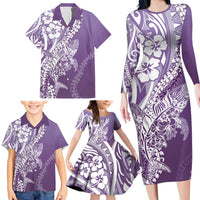 Hawaii Puakenikeni And Maile Lei Family Matching Long Sleeve Bodycon Dress and Hawaiian Shirt Violet Polynesian Shark Tattoo DT05