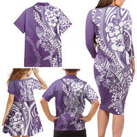 Hawaii Puakenikeni And Maile Lei Family Matching Long Sleeve Bodycon Dress and Hawaiian Shirt Violet Polynesian Shark Tattoo DT05