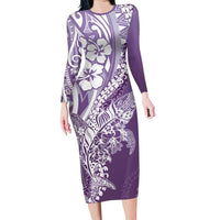 Hawaii Puakenikeni And Maile Lei Family Matching Long Sleeve Bodycon Dress and Hawaiian Shirt Violet Polynesian Shark Tattoo DT05