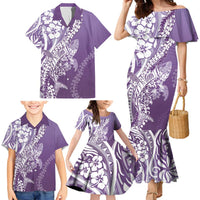 Hawaii Puakenikeni And Maile Lei Family Matching Mermaid Dress and Hawaiian Shirt Violet Polynesian Shark Tattoo DT05
