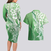 Hawaii Puakenikeni And Maile Lei Couples Matching Long Sleeve Bodycon Dress and Hawaiian Shirt Green Polynesian Shark Tattoo DT05