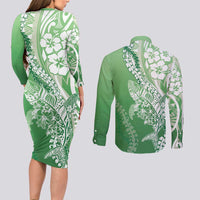 Hawaii Puakenikeni And Maile Lei Couples Matching Long Sleeve Bodycon Dress and Long Sleeve Button Shirt Green Polynesian Shark Tattoo DT05