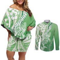Hawaii Puakenikeni And Maile Lei Couples Matching Off Shoulder Short Dress and Long Sleeve Button Shirt Green Polynesian Shark Tattoo DT05