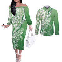 Hawaii Puakenikeni And Maile Lei Couples Matching Off The Shoulder Long Sleeve Dress and Long Sleeve Button Shirt Green Polynesian Shark Tattoo DT05