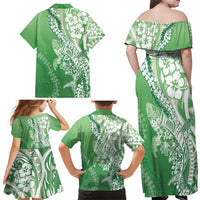 Hawaii Puakenikeni And Maile Lei Family Matching Off Shoulder Maxi Dress and Hawaiian Shirt Green Polynesian Shark Tattoo DT05