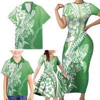 Hawaii Puakenikeni And Maile Lei Family Matching Short Sleeve Bodycon Dress and Hawaiian Shirt Green Polynesian Shark Tattoo DT05