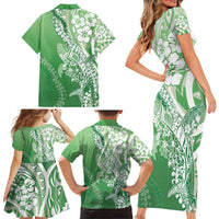 Hawaii Puakenikeni And Maile Lei Family Matching Short Sleeve Bodycon Dress and Hawaiian Shirt Green Polynesian Shark Tattoo DT05