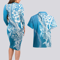 Hawaii Puakenikeni And Maile Lei Couples Matching Long Sleeve Bodycon Dress and Hawaiian Shirt Blue Polynesian Shark Tattoo DT05