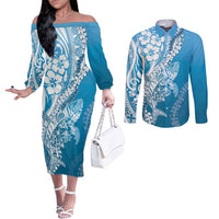 Hawaii Puakenikeni And Maile Lei Couples Matching Off The Shoulder Long Sleeve Dress and Long Sleeve Button Shirt Blue Polynesian Shark Tattoo DT05