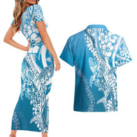 Hawaii Puakenikeni And Maile Lei Couples Matching Short Sleeve Bodycon Dress and Hawaiian Shirt Blue Polynesian Shark Tattoo DT05