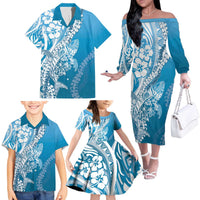 Hawaii Puakenikeni And Maile Lei Family Matching Off The Shoulder Long Sleeve Dress and Hawaiian Shirt Blue Polynesian Shark Tattoo DT05