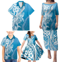 Hawaii Puakenikeni And Maile Lei Family Matching Puletasi and Hawaiian Shirt Blue Polynesian Shark Tattoo DT05