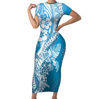 Hawaii Puakenikeni And Maile Lei Family Matching Short Sleeve Bodycon Dress and Hawaiian Shirt Blue Polynesian Shark Tattoo DT05