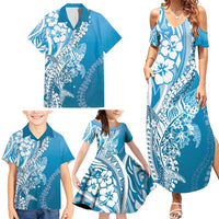 Hawaii Puakenikeni And Maile Lei Family Matching Summer Maxi Dress and Hawaiian Shirt Blue Polynesian Shark Tattoo DT05