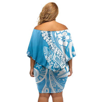 Hawaii Puakenikeni And Maile Lei Off Shoulder Short Dress Blue Polynesian Shark Tattoo DT05