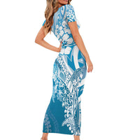 Hawaii Puakenikeni And Maile Lei Short Sleeve Bodycon Dress Blue Polynesian Shark Tattoo DT05